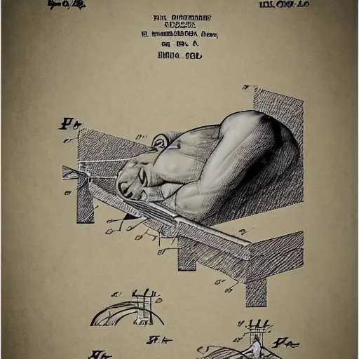 Prompt: body of a sleeping man as a patent drawing. technical drawing. mathematical.