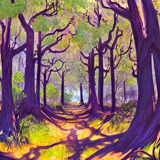 Prompt: deep muddy forest on a sunny day walkway panorama, blooming, gouache painting by disney studio, pixar and kyoto animation