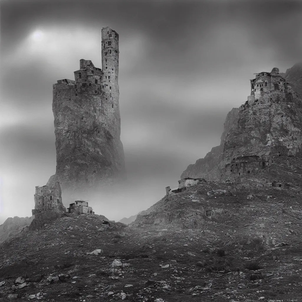 Prompt: one round tower, made up of makeshift squatter shacks in a vast mountain landscape, misty, dystopia, mamiya rb 6 7, fully frontal view, very detailed, photographed by ansel adams