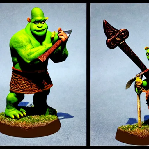 Image similar to a dungeons and dragons miniature of shrek wielding an axe, onlooking players are horrified