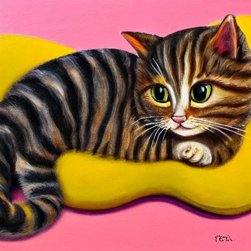 Prompt: expressive and detailed painting of a beautiful little adorable cat whose body is physically made of mustard, curling up very sweet