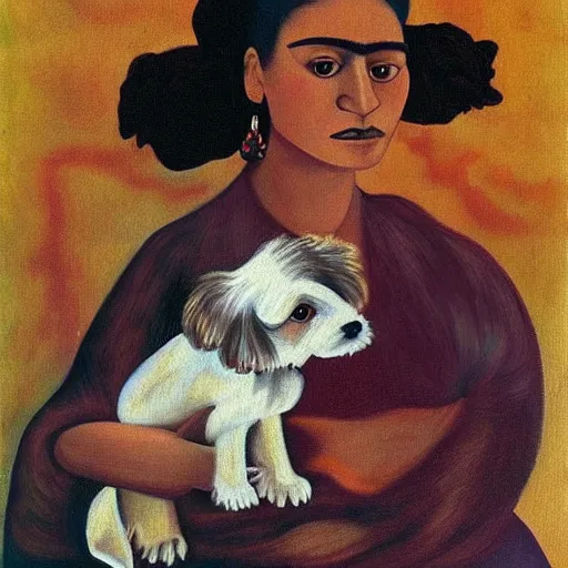 Image similar to cream colored havanese dog with frida kayla painting by frida kahlo 1 9 3 5