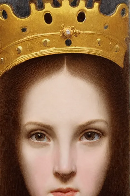 Prompt: hyperrealism extreme close-up portrait of medieval female with scar on eye, classical room background, pale skin, wearing huge golden crown, in style of classicism