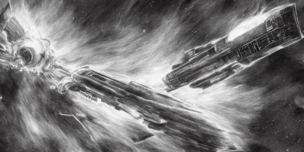 Prompt: a detailed pencil drawing of one spaceship disintegrating and burning in the atmosphere, 4k, sf