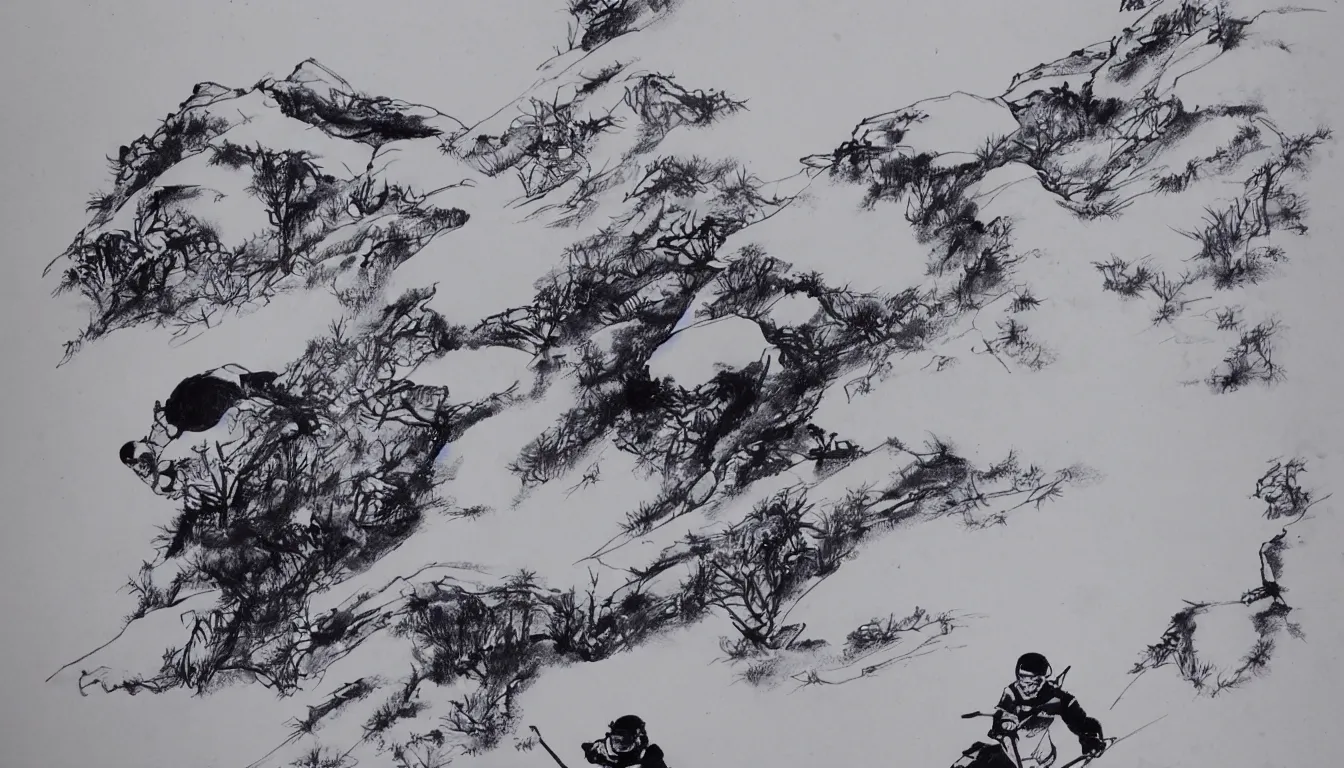 Prompt: traditional chinese ink drawing of a skier, ultra detailed