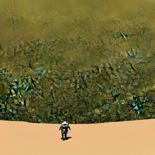 Image similar to A 3D render of an astronaut walking in a green desert