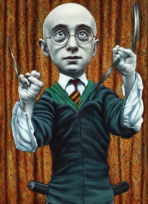 Prompt: a painting of Harry Potter doing barbell squats, an ultrafine detailed painting by Mark Ryden, trending on deviantart, pop surrealism, whimsical, lowbrow, grotesque