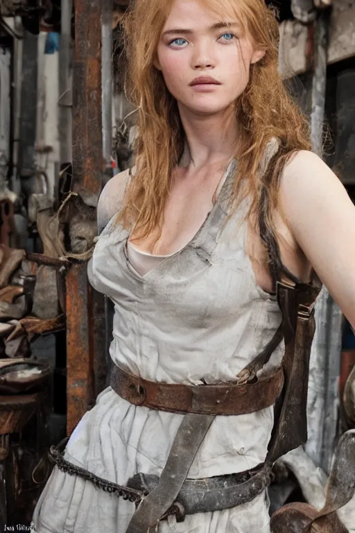 Image similar to female blacksmith, very burly. strawberry - blonde hair, many freckles. face resembles natalia vodianova, but body is burly, broad - shouldered, thick limbed, like a blacksmith.