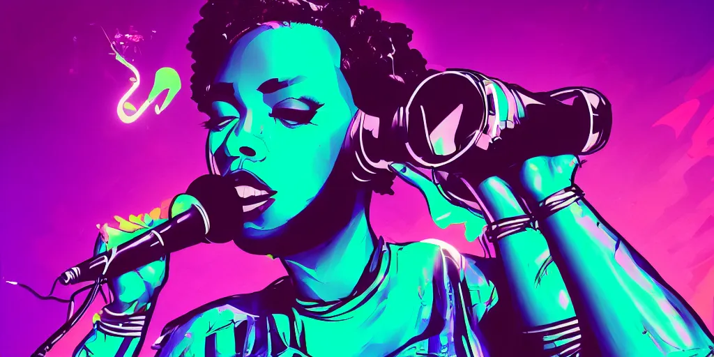 Image similar to lady rapper performs with microphone, epic pose, digital art, vapor wave, hip hop, psychedelic, surreal, trending on Artstation, professional artist, detailed, 4k