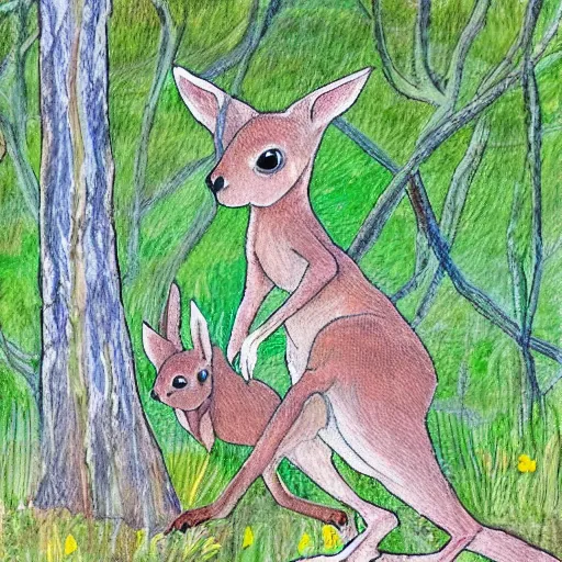 Prompt: detailed illustration, a young kangaroo in the boranup forest in the style of may gibbs,