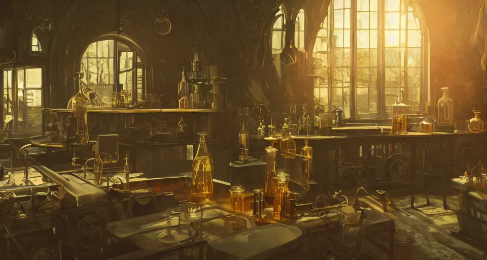 Image similar to Alchemy laboratory, hyperdetailed, artstation, cgsociety, golden hour 8k