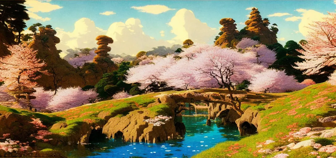 Image similar to ghibli illustrated background of a strikingly beautiful landform with strange rock formations and cherry blossoms by vasily polenov, eugene von guerard, ivan shishkin, albert edelfelt, john singer sargent, albert bierstadt 4 k