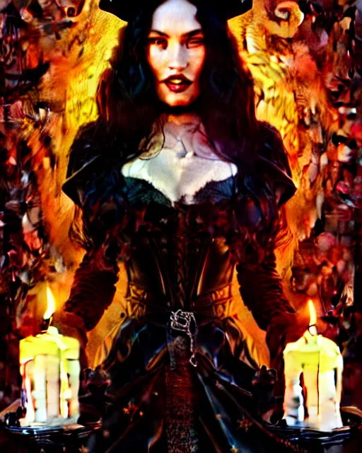 Image similar to megan fox witch queen, black eyes, blood, full body, intricate victorian dress, digital art, middle shot, cinematic lighting, studio quality, symmetrical eyes, artgerm, joshua middleton, rafael albuquerque, moody lighting, candles, art style by klimt, nixeu and ian sprigger and wlop and krenz cushart