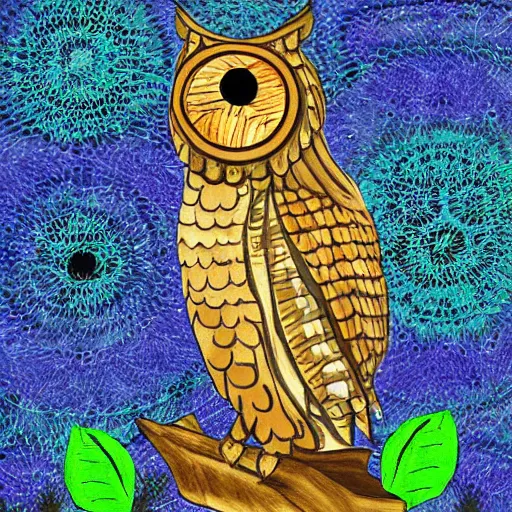 Image similar to owl playing panpipe, digital art