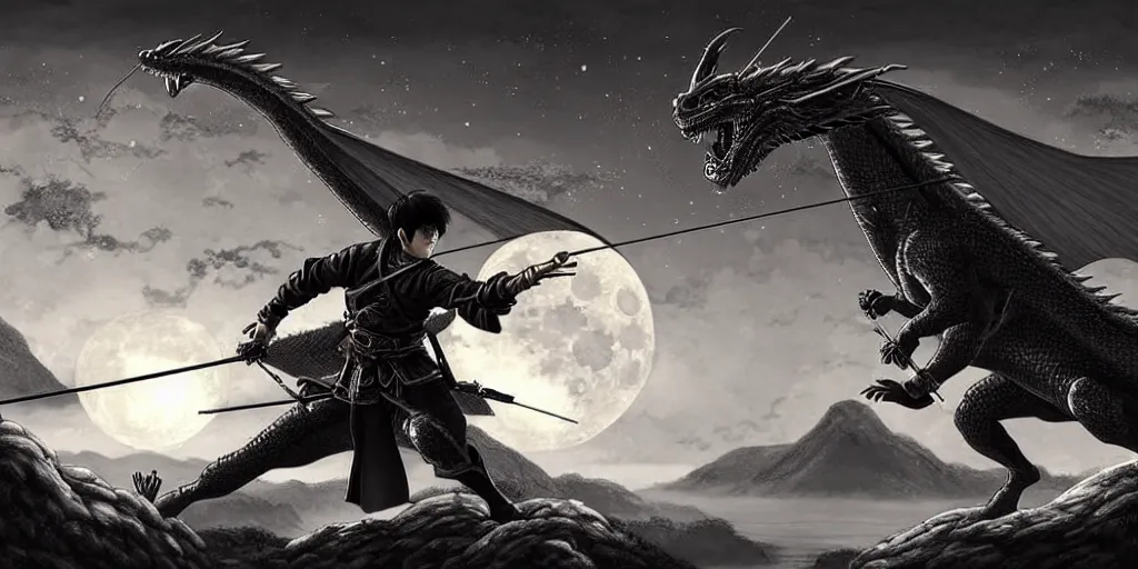 Image similar to korean archer shooting a dragon. the moon is in the sky. there is a river. dark fantasy. high resolution. detailed. digital art. kentaro miura.