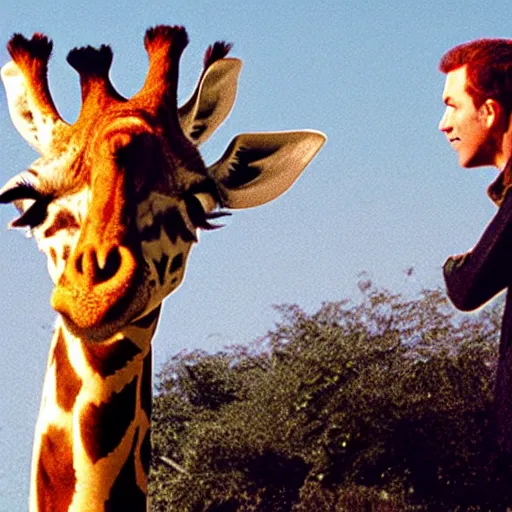 Image similar to film still of a (giraffe) with a (((sign))) that says ((wanna play))