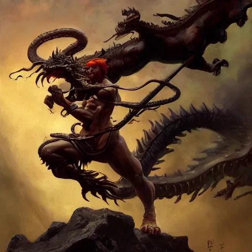 Image similar to A beautiful oil painting of Nezha fighting a Chinese dragon, by Frank Frazetta, Greg Rutkowski, Boris Vallejo, epic fantasy character art, high fantasy, Exquisite detail, post-processing, low angle, masterpiece, cinematic