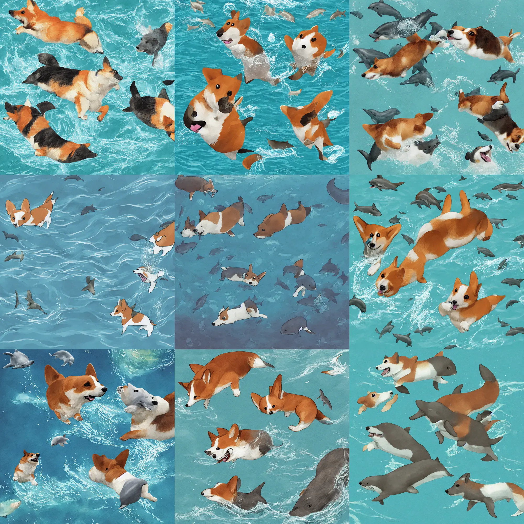 Prompt: illustration of a corgi diving in deep ocean, dolphins around it