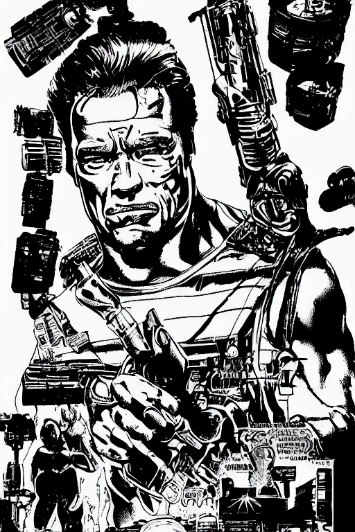 Prompt: arnold schwarzenegger as the terminator, a page from cyberpunk 2 0 2 0, style of paolo parente, style of mike jackson, adam smasher, johnny silverhand, 1 9 9 0 s comic book style, white background, ink drawing, black and white, colouring pages