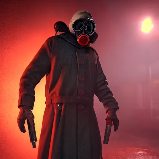 Prompt: hooden villain wearing a gas mask with red goggles, smoke coming out of his body and coat, dark background, in a dark alley, unreal engine 5, ultra realistic, detailed, fog, volumetric lighting, by greg rutkowski,