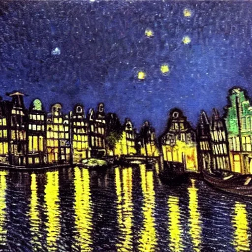 Image similar to amsterdam by night, oil on canvas by Van gogh