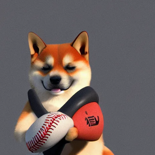 Prompt: shiba inu holding a baseball bat with his two hand trying to hit a spot, cinematic lightning, 4 k, ultra detailed, trending on artstation, masterpiece, digital art.