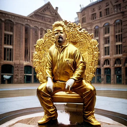 Prompt: A monumental gold sculpture en plein-pied of Guy Fieri, in the middle of a rainy courtyard,, natural overcast lighting, museum catalog photography, F 2.8, 85mm Velvia 100, high DOF