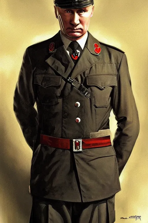 Image similar to vladimir putin as hitler, realistic portrait, symmetrical, highly detailed, digital painting, artstation, concept art, smooth, sharp focus, illustration, cinematic lighting, art by artgerm and greg rutkowski and alphonse mucha