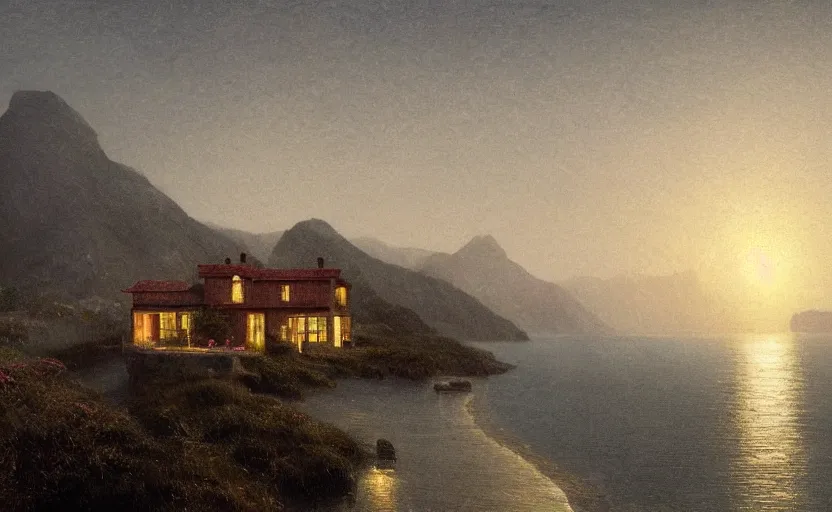 Prompt: small modern cottage overlooking the ocean, close up shot, at dusk, distant mountains, 4k, rule of thirds, extreme detail, hazy water, intricate ink illustration, trending on artstation, cgsociety, hd, calm, complimentary colours, realistic lighting, by Albert Bierstadt, Frederic Edwin Church.