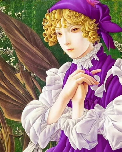 Image similar to touhou character yukari yakumo, purple frilly dress, long blonde hair, bonnet with bow, realistic art, art in the renaissance style of sandro botticelli