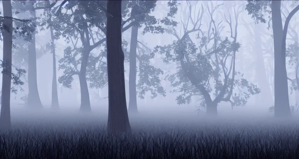 Image similar to a 3d render of a creepy foggy forest, by pixar