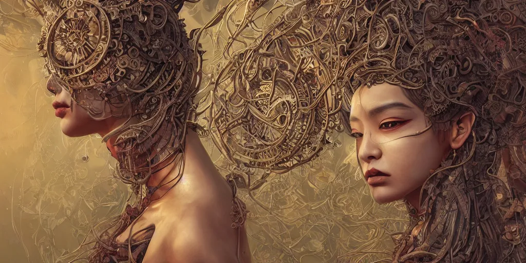 Image similar to hyperrealistic photography of a highly detailed and symmetrical gorgeous nepalese female demigorgon deconstructing a poetry machine in the style of Jin Kagetsu, James Jean and wlop, highly detailed, face symmetry, masterpiece, award-winning, sharp focus, intricate concept art, ambient lighting, 8k, artstation