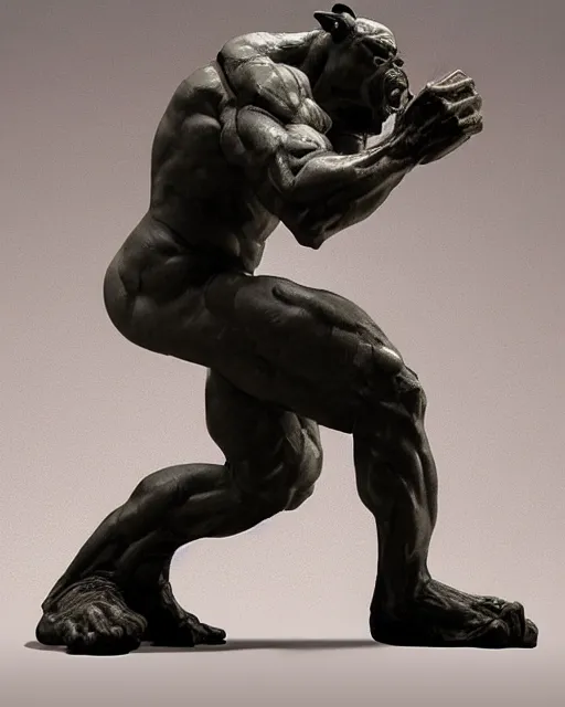 Prompt: a full figure rubber sculpture of crouching Orc, by Michelangelo, in the style of Frank Frazetta, dramatic lighting, rough texture, subsurface scattering, wide angle lens