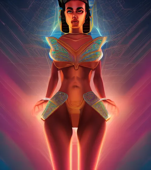 Image similar to symmetry!! egyptian princess of technology, solid cube of light, hard edges, product render retro - futuristic poster scifi, lasers and neon circuits, beautiful brown skin woman egyptian princess, intricate, elegant, highly detailed, digital painting, artstation, concept art, smooth, sharp focus, illustration, dreamlike, art by artgerm