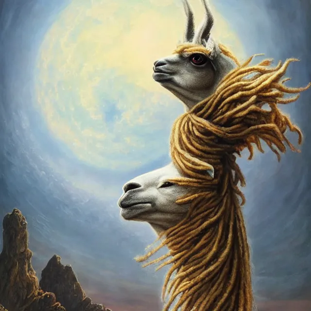 Prompt: llama with dreadlocks, beautiful space, by mandy jurgens, ernst haeckel, james jean