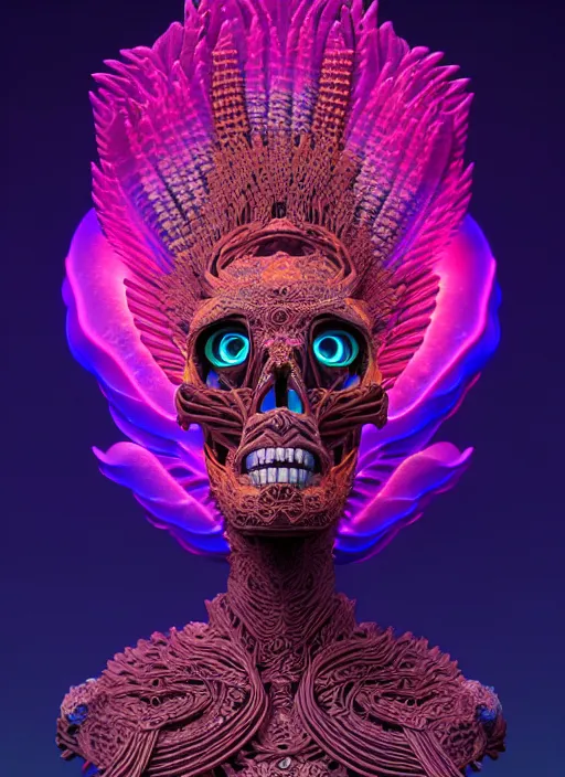 Image similar to 3 d goddess profile portrait, sigma 5 0 0 mm f / 5. beautiful intricate highly detailed quetzalcoatl skull and feathers. bioluminescent, plasma, lava, ice, water, wind, creature, thunderstorm! artwork by tooth wu and wlop and beeple and greg rutkowski, 8 k trending on artstation,