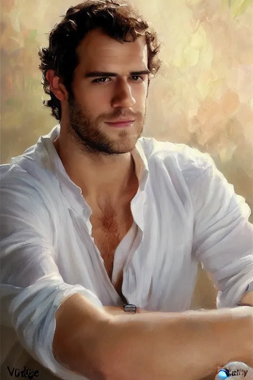 Prompt: herry cavill, attractive male, painting by vladimir volegov