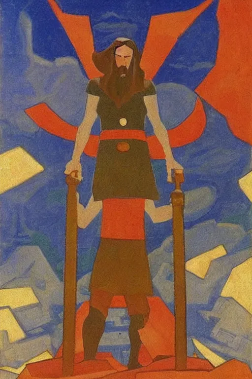 Image similar to thor with hammer, marvel, artwork by nicholas roerich,