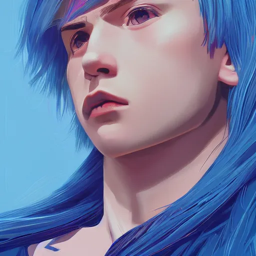 Prompt: profile shot of ilya kuvshinov with long hair, sky blue hair, hazel eyes, boyish face, professional digital painting, concept art, award - winning photography, cinematic, tarot card, awe, regal, wlop, holy, spiritual, art by andy warhol, pixiv art, yoshitaka amano