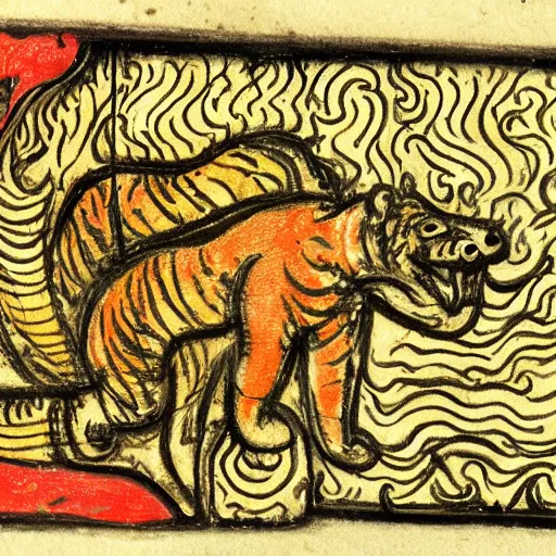 Prompt: bad drawn tiger made of smoke, lava and fire flying in the sky with many legs in a medieval manuscript, medieval manuscript, golden miniatures