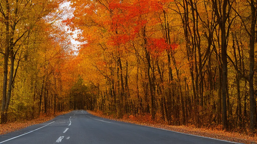 Image similar to a photograph of a country road lined on both sides by maple and poplar trees, in the autumn, red orange and yellow leaves, some leaves have fallen and are under the trees and on the road