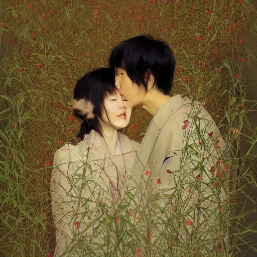 Image similar to a beautiful portrait of two young japanese lovers made of wind and plants and fragmented pieces, muted cold colors, consciousness of night, painting part by wojciech siudmak, part by ilya repin, part by norman rockwell, artstation