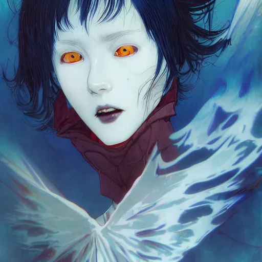 Image similar to prompt : vampire character portrait soft light painted by james jean and katsuhiro otomo and erik jones, inspired by evangeleon anime, smooth face feature, intricate oil painting, high detail illustration, sharp high detail, manga and anime 1 9 9 9