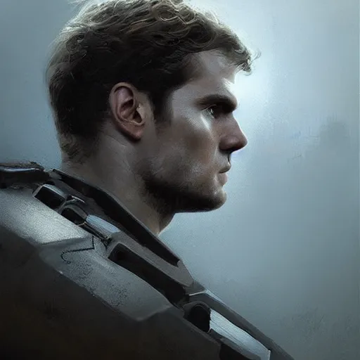 Image similar to “Portrait of Henry Cavill by Greg Rutkowski, he is about 20 years old, norwegian, short blond hair, young, manly, attractive, strong, older brother vibes, he is wearing futuristic military fatigues, highly detailed portrait, scifi, digital painting, artstation, concept art, smooth, sharp foccus ilustration, Artstation HQ”