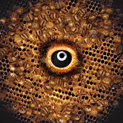 Image similar to a honeycomb with human eyes everywhere, creepy horror