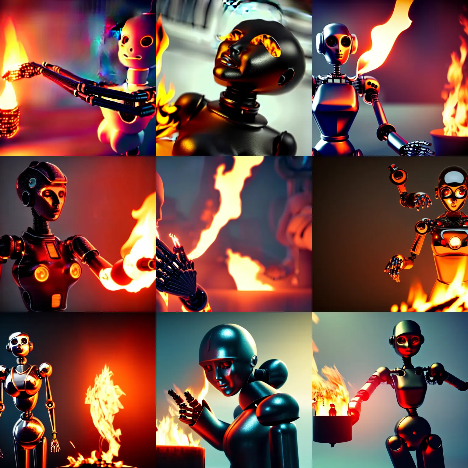 Prompt: beautiful metal and plastic robot with female - looking face staring at fire from her burning hand, with a look full of both horror and fascination. unreal engine detailed render 4 k. trending at top cgi artwork