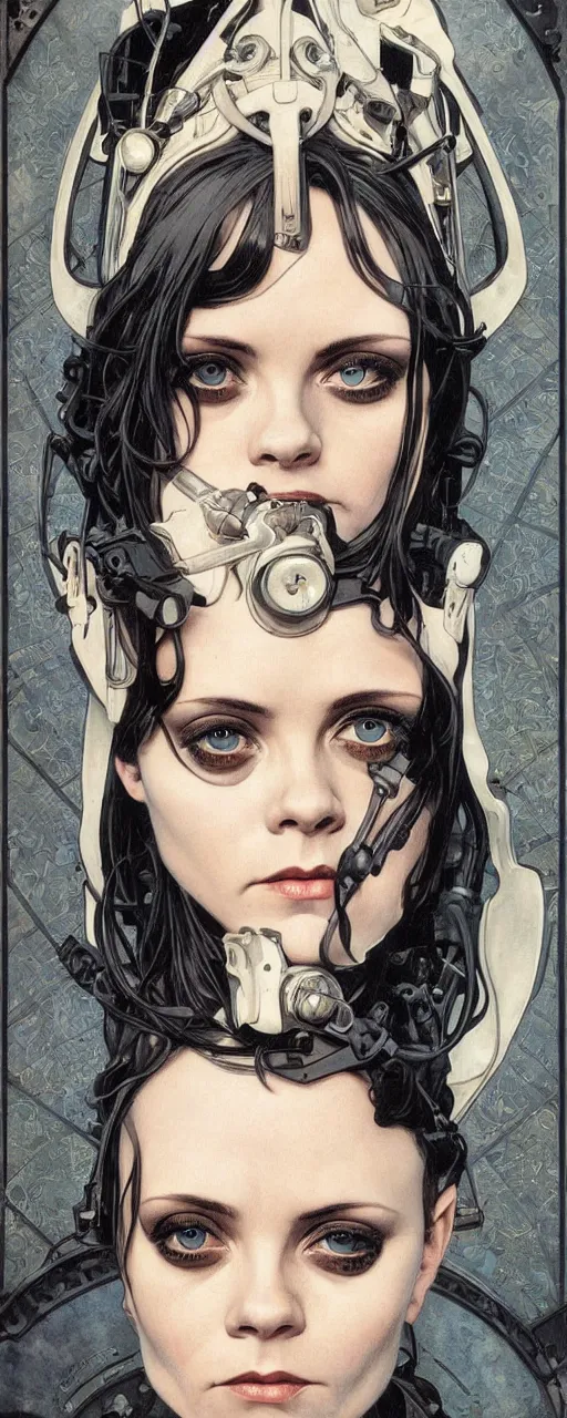 Image similar to striking sensual industrial art nouveau style portrait of christina ricci as a cyberpunk heavy metal rebel soldier by travis charest, simon bisley and alphonse mucha, photorealism, extremely hyperdetailed, perfect symmetrical facial features, perfect anatomy, ornate declotage, weapon, latex, excited expression, wild eyes