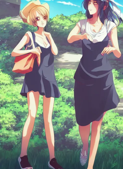 Image similar to two beautiful women under a blue sky, casual summer clothes, gorgeous faces, thick lines, cinematic lighting, detailed anime art