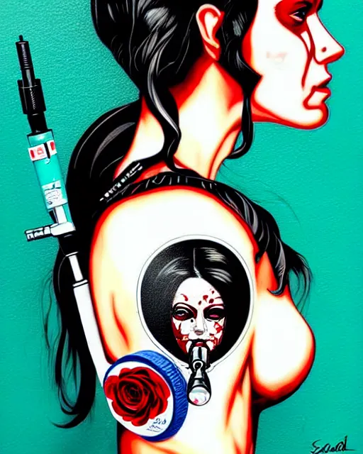 Image similar to portrait of a rogue agent wearing oxygen mask, has blood, rose, a pistol and a syringe needle with sea background intricate details with horror side profile by Sandra Chevrier