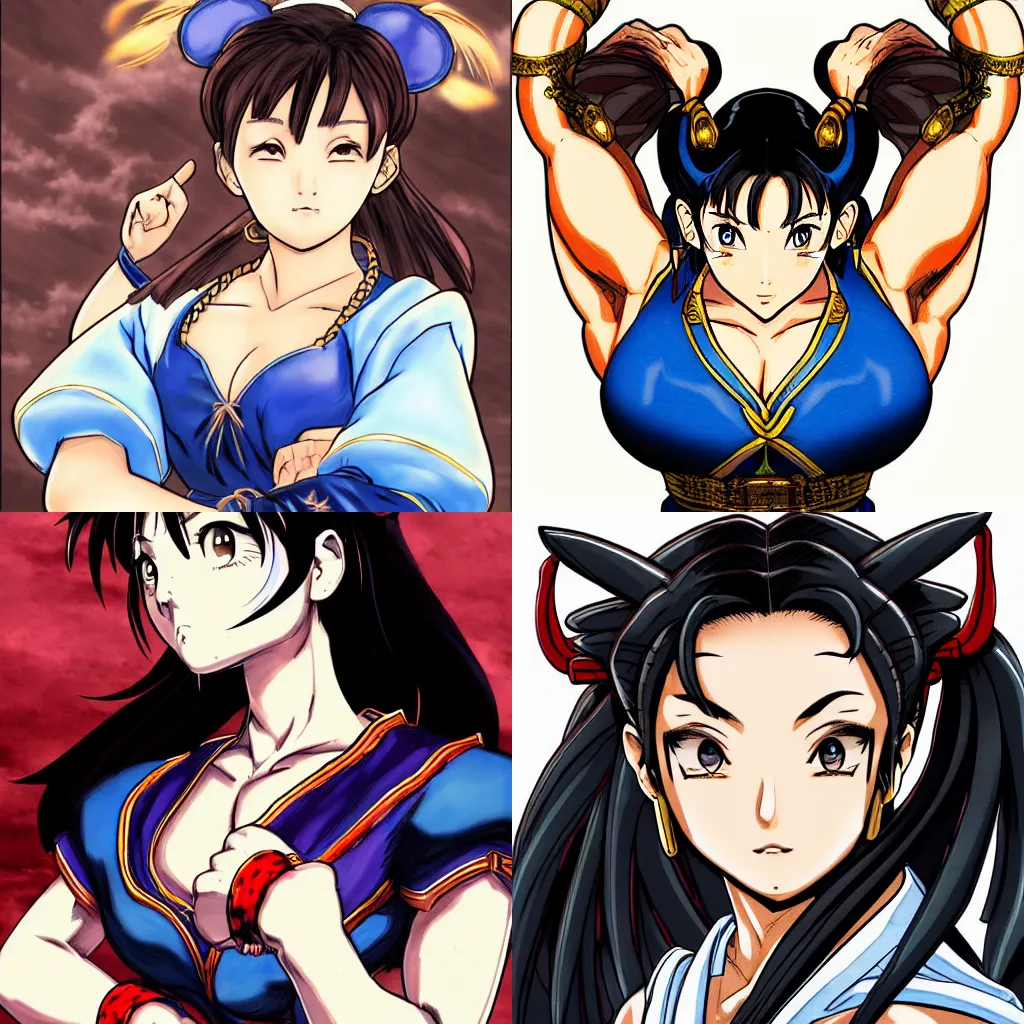 Prompt: chun-li, anime, highly detailed, digital art, centered, portrait, colored accurately, in the style of kentaro miura